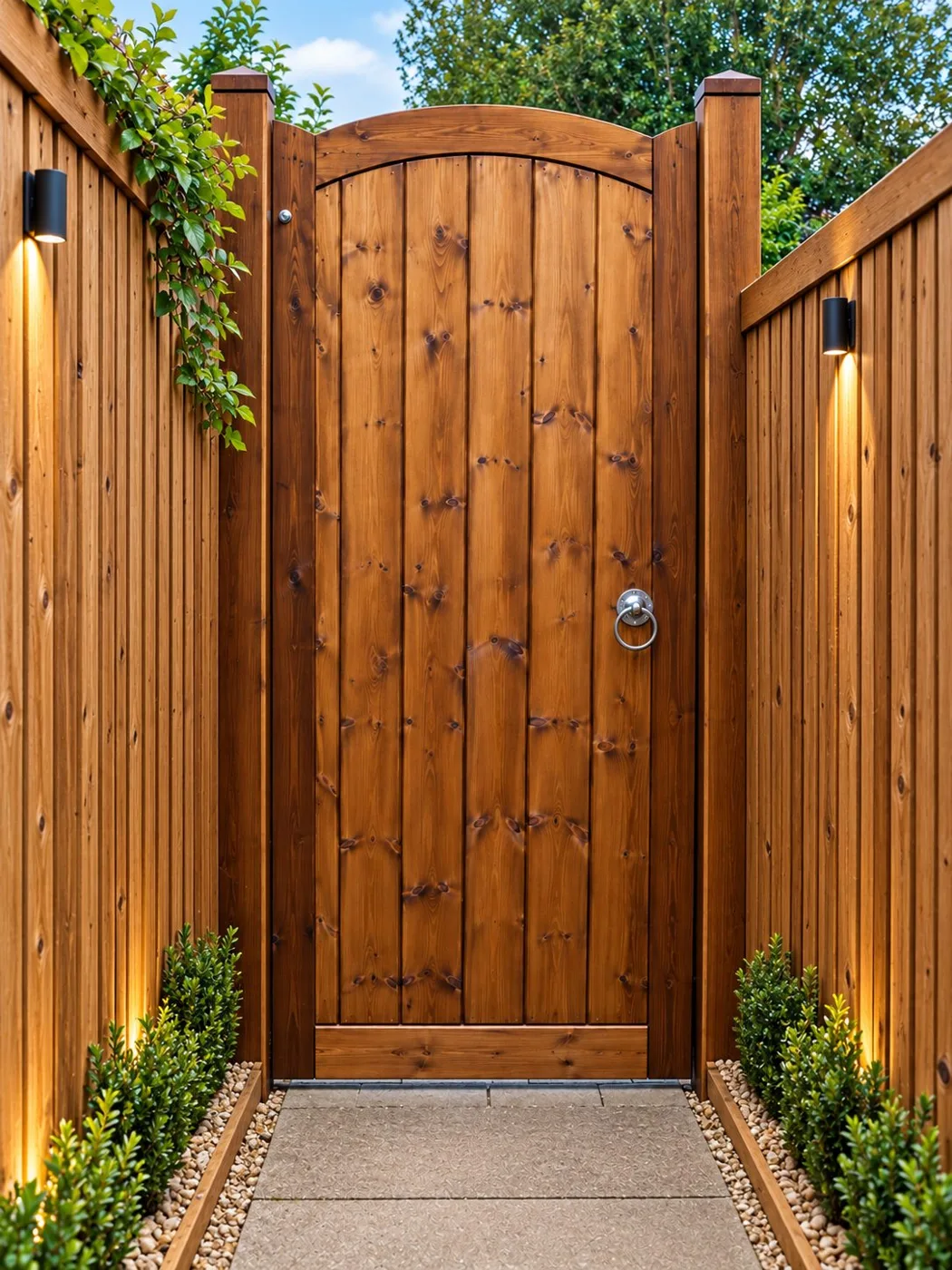 Arched timber garden gate with metal fittings